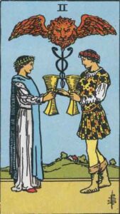 The Two of Cups tarot card, depicting a man and a woman exchanging two chalices, symbolizing partnership, emotional connection, and unity.