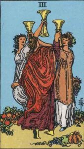 Three figures joyfully raising cups in a celebration, representing friendship and unity, surrounded by symbolic elements of abundance and community.