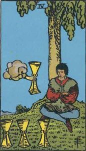A tarot card illustration of the Four of Cups, depicting a seated figure in contemplation, surrounded by three cups on the ground, with a fourth cup being offered from a cloud above.