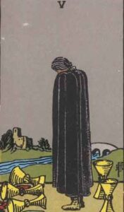 Illustration of the Five of Cups tarot card depicting a figure in a black cloak, standing with a downcast posture in front of three spilled cups, while two upright cups remain in the background.