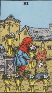 The Six of Cups tarot card depicts two figures exchanging a flower, surrounded by cups, symbolizing nostalgia, innocence, and emotional reflection. The background features quaint buildings.