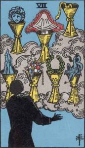 The Seven of Cups tarot card depicting seven chalices with various images inside, symbolizing choices, illusions, and emotional possibilities.