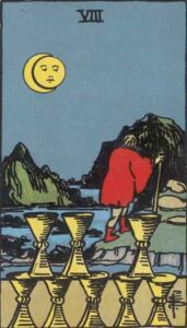 Illustration of the Eight of Cups tarot card, depicting a figure in a red cloak walking away from eight golden cups towards a distant moonlit landscape, symbolizing emotional departure and soul-searching.