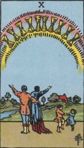Illustration of the Ten of Cups tarot card, depicting a joyful family with a rainbow of cups above them, symbolizing emotional fulfillment, harmony, and lasting happiness.