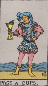 The Page of Cups tarot card, depicting a young figure in playful attire holding a cup with a fish, symbolizing emotional curiosity, creativity, and surprise messages.