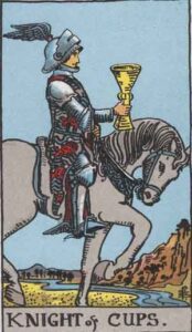Illustration of the Knight of Cups tarot card, depicting a knight on a horse holding a chalice, symbolizing romance, emotional pursuits, and creative inspiration.