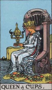 A depiction of the Queen of Cups tarot card, featuring a serene woman in a flowing white gown seated on a throne, holding a chalice, surrounded by water and lush landscapes.