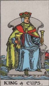 An illustration of the King of Cups tarot card depicting a regal figure seated on a throne, holding a cup in one hand and a vessel in the other, surrounded by water, symbolizing emotional depth and maturity.