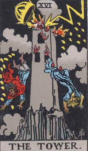 Modern Tarot card interpretation of The Tower with a minimalist design and lightning striking a tower