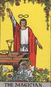 The Magician tarot card, featuring a figure raising a wand towards the sky while pointing to the ground, surrounded by symbols of the elements and blooming flowers against a bright yellow background.