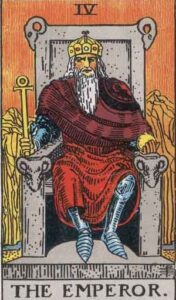 A tarot card depicting The Emperor, a wise, bearded figure seated on a throne, wearing a crown and holding a scepter, symbolizing authority, structure, and leadership.