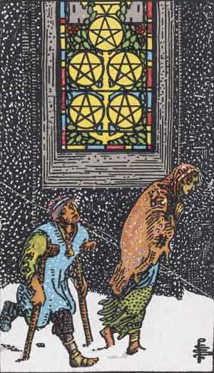 Fünf der Münzen, Tarotkarte aus dem Rider-Waite-Smith-Deck