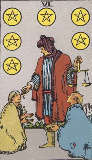 Sechs der Münzen, Tarotkarte aus dem Rider-Waite-Smith-Deck