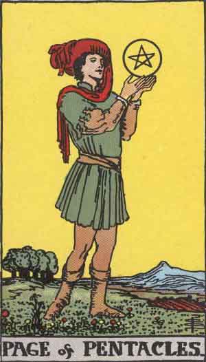 Page der Münzen, Tarotkarte aus dem Rider-Waite-Smith-Deck