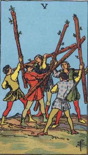 Fünf der Stäbe, Tarotkarte aus dem Rider-Waite-Smith-Deck