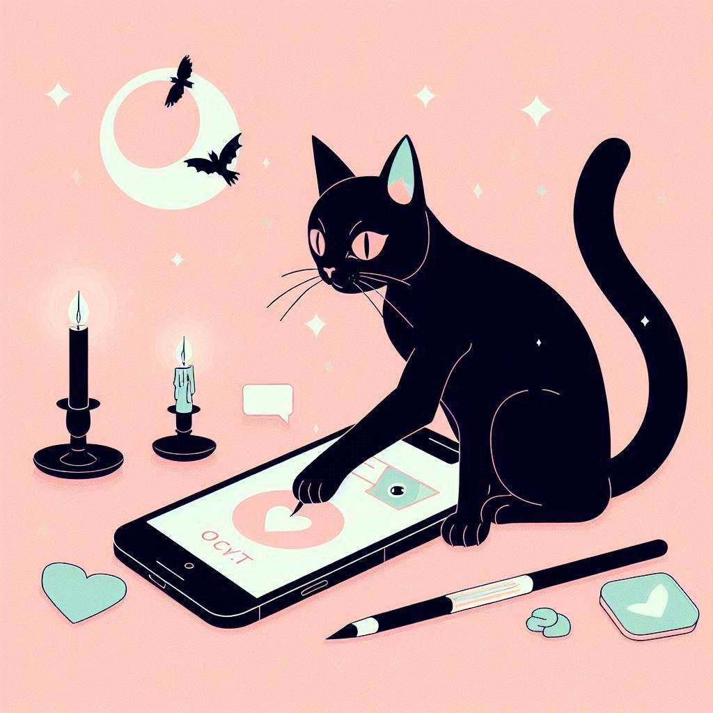 cute black cat swiping on a dating app