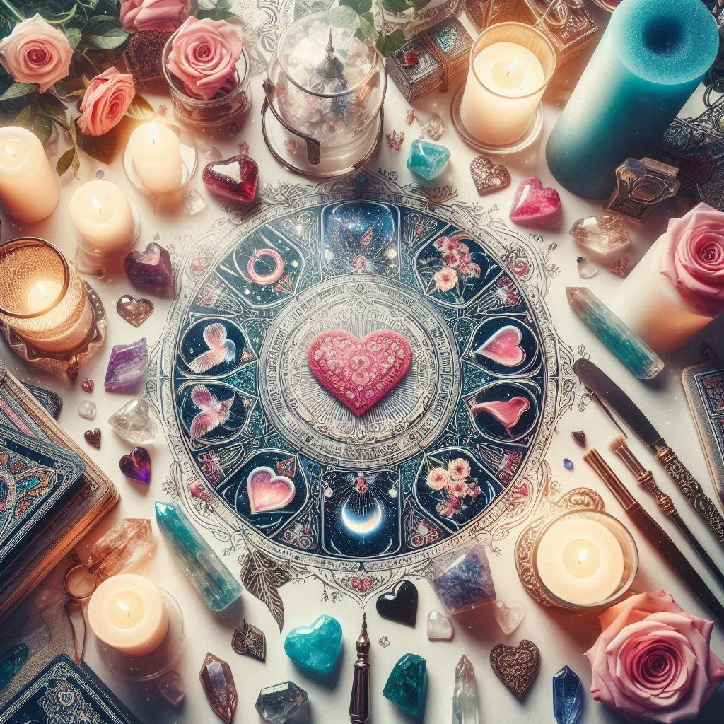 Tarot love and crystals, candles and pastels