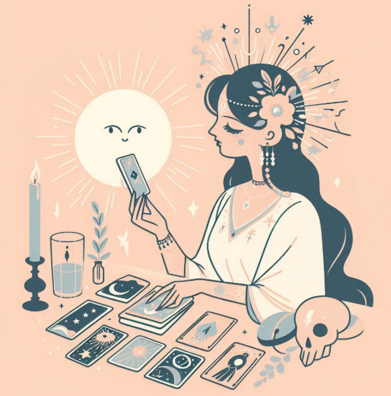 a woman reads a tarot card; pastel simple cutesy illustration