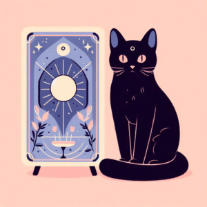 Black cat sitting beside a tarot card, pastel illustration