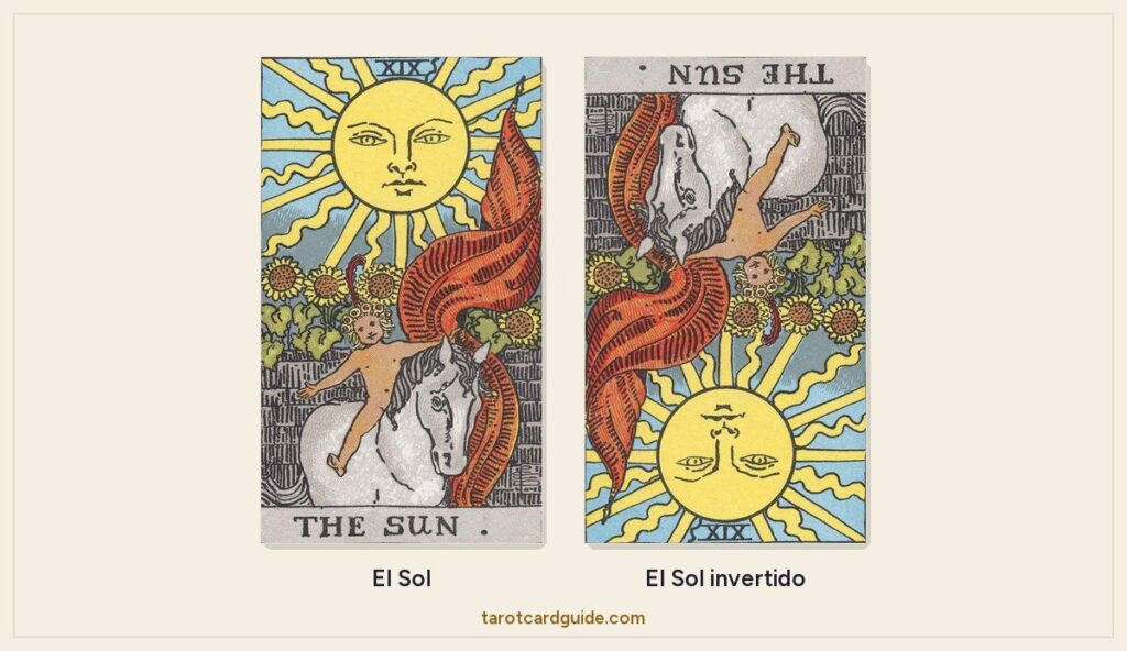 La carta del Sol de la baraja Rider-Waite-Smith, al derecho y luego invertida, una junto a la otra