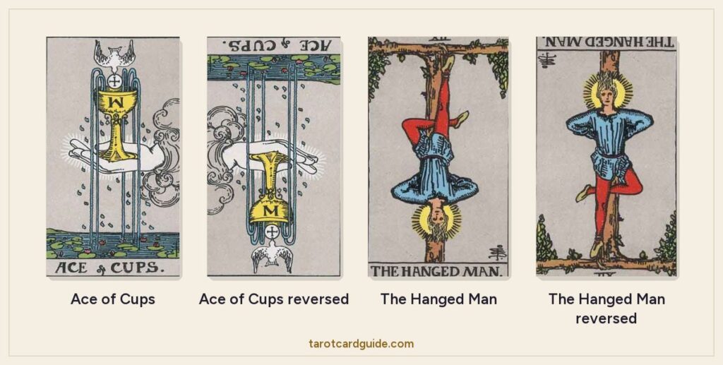 The Ace of Cups and The Hanged Man, each shown upright and reversed: the reversed cup points downwards and the reversed Hanged Man appears to stand