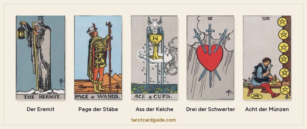 Fünf Rider-Waite-Smith-Karten in einer Reihe: Der Eremit, Page der Stäbe, Ass der Kelche, Drei der Schwerter und Acht der Münzen