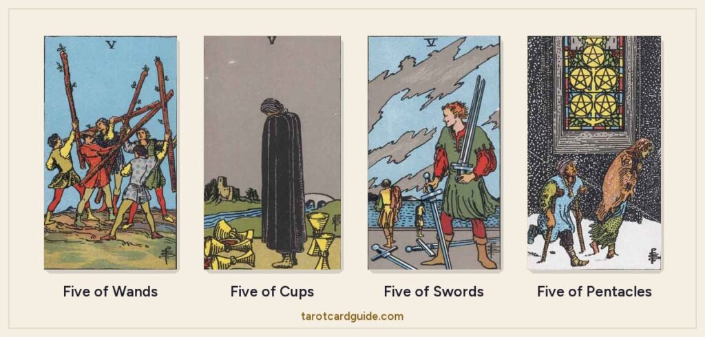 The four Fives of the Rider-Waite-Smith deck: youths fighting with staves, a cloaked figure over spilled cups, a man gathering swords, and two people in the snow